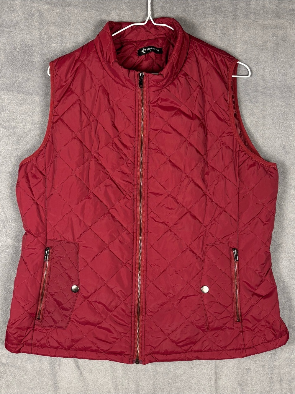 Fuinloth Womens Quilted Vest Sz L Burgundy Red Full Zip Lightweight Puffer Warm